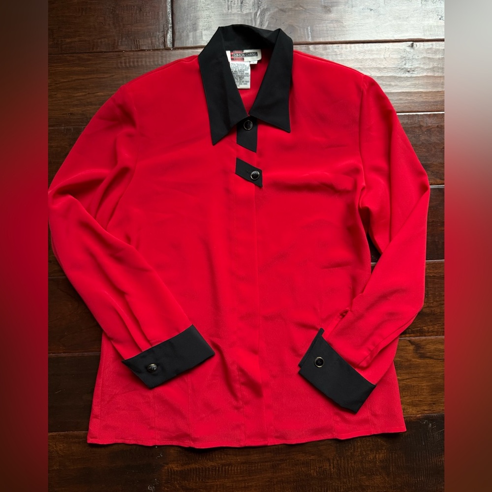 Vintage Simon Chang Red and Black Contrast Trim Long Sleeve Blouse Size 6 - Picture 1 of 6